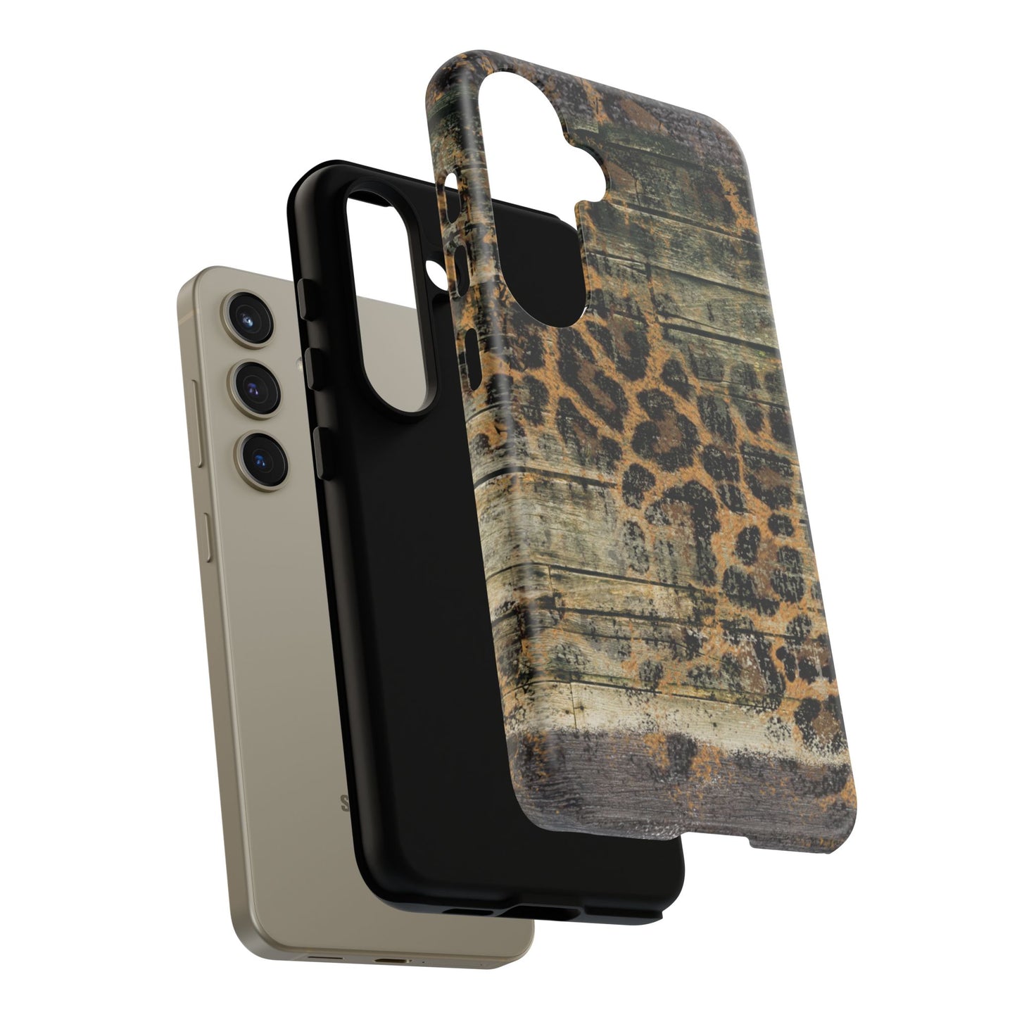 Rustic Wood and Leopard Print Tough Samsung Galaxy Case – Distressed Western Design with Dual-Layer Protection