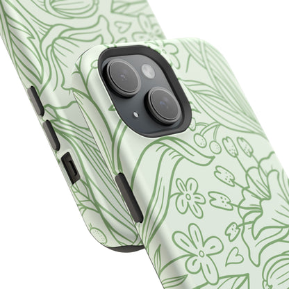 Sage Green Floral Line Art Tough MagSafe iPhone Case – Minimalist Botanical Design with Dual-Layer Protection