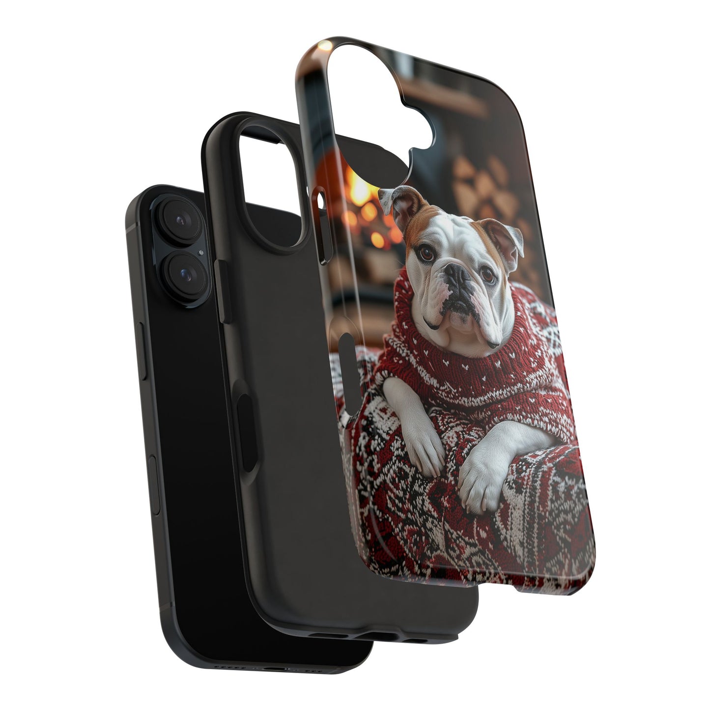 Cozy Bulldog in Sweater iPhone Case – Festive Fireplace Protective Cover