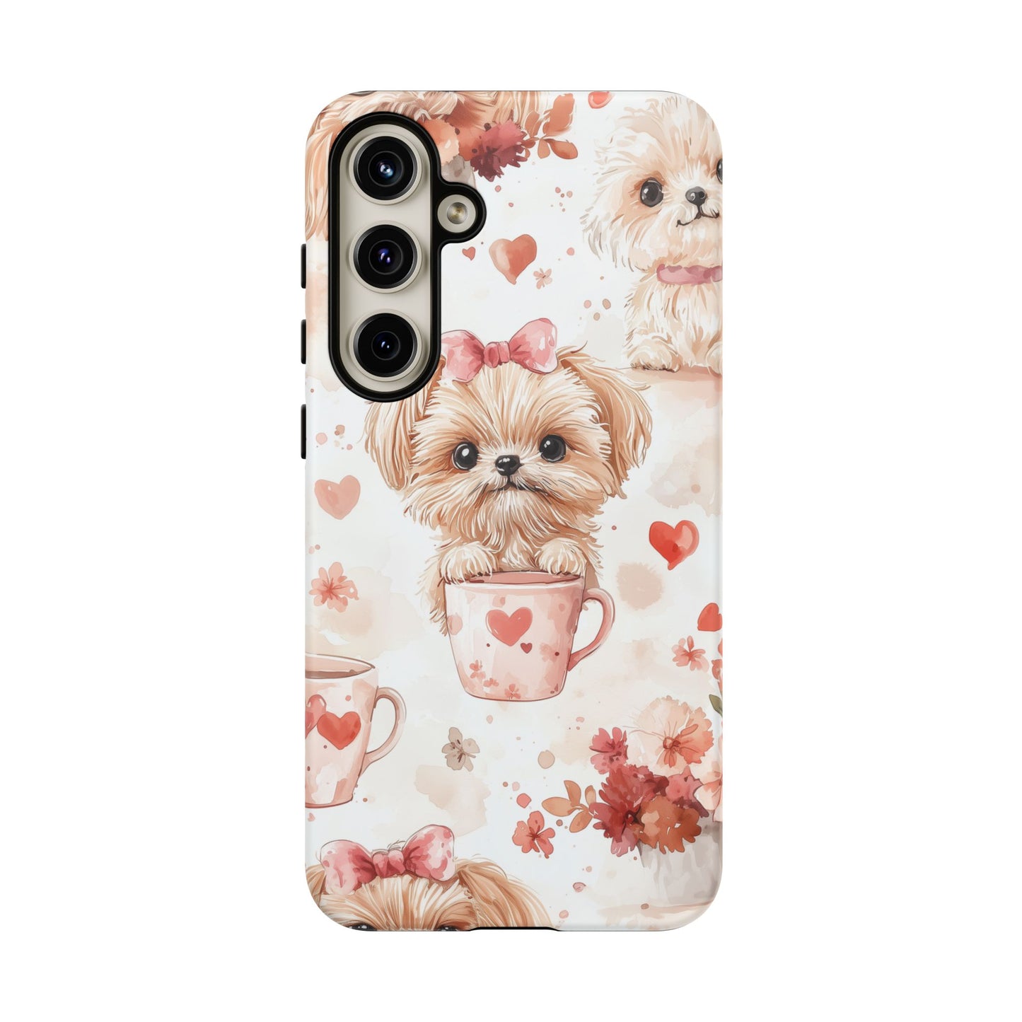 Puppies & Heart Mugs Samsung Galaxy Case – Sweet Dog & Floral Design, Shockproof & Slim