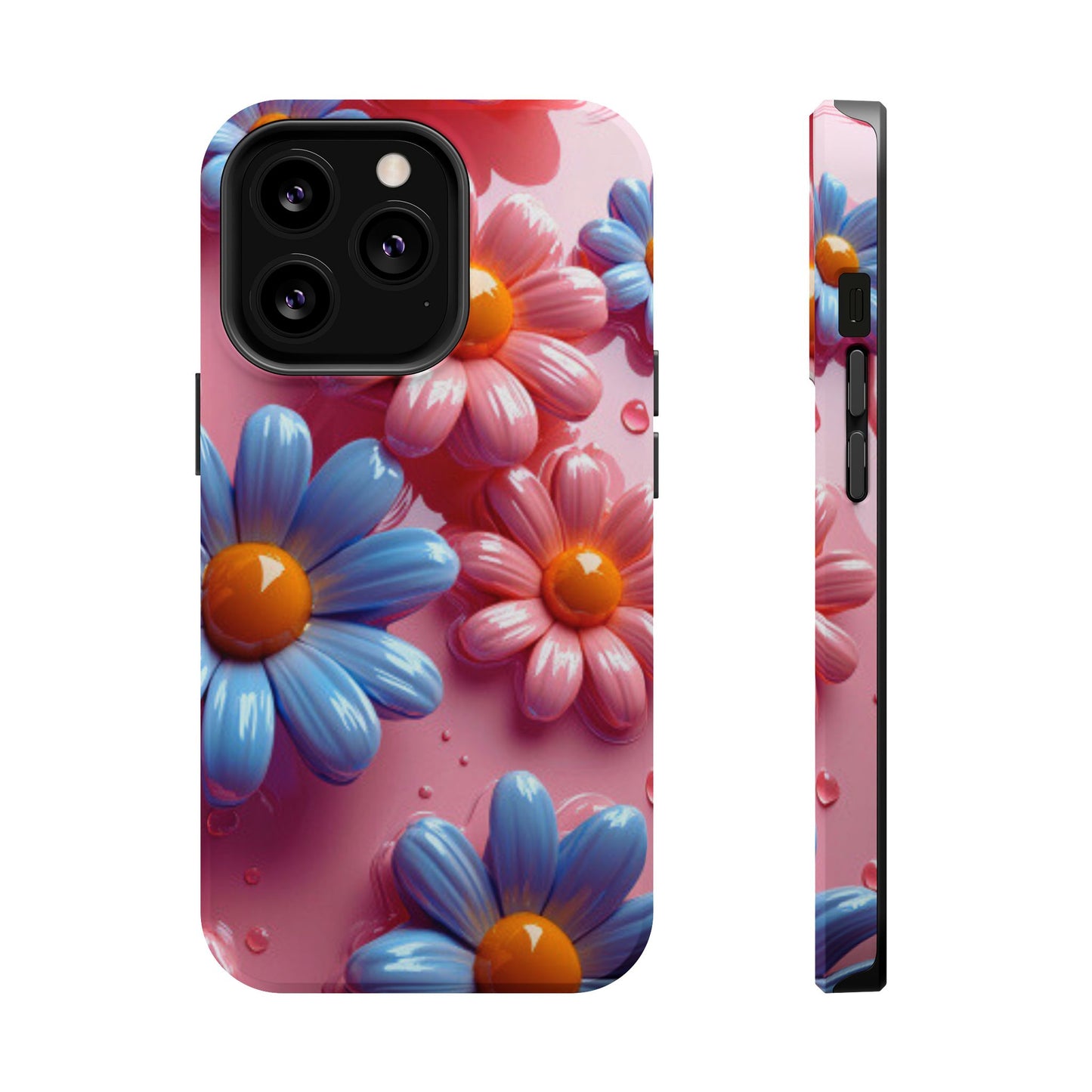 Pastel Daisy 3D MagSafe iPhone Case – Glossy Pink and Blue Floral Design, Full Protection