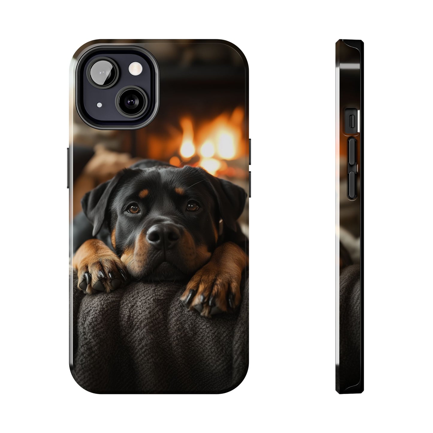 Cozy Rottweiler by the Fireplace iPhone Case – Warm Rustic Design