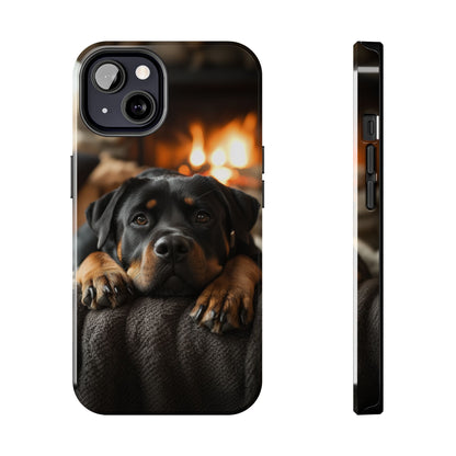 Cozy Rottweiler by the Fireplace iPhone Case – Warm Rustic Design