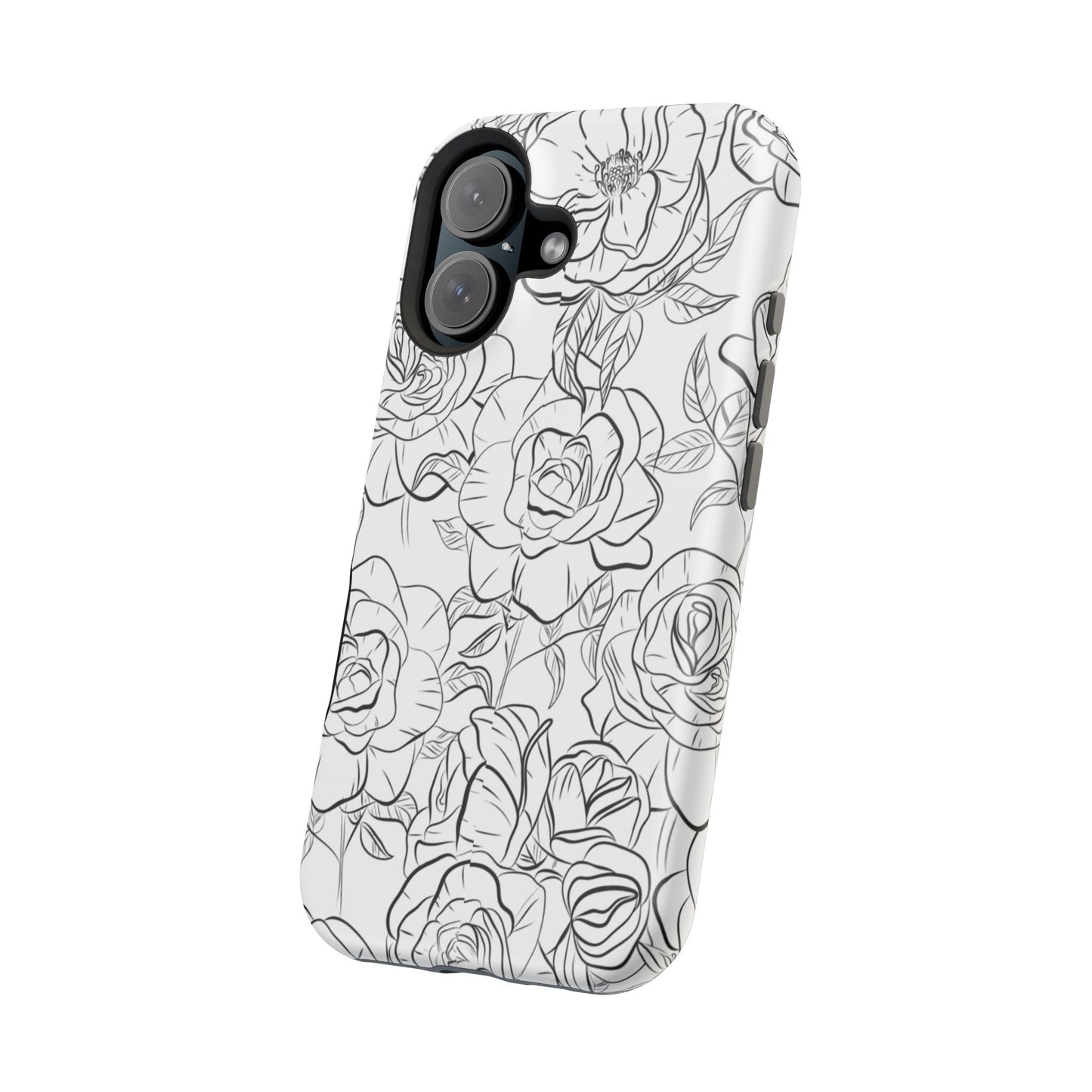 Monochrome Rose Garden Tough MagSafe iPhone Case – Elegant Floral Line Art with Dual-Layer Protection