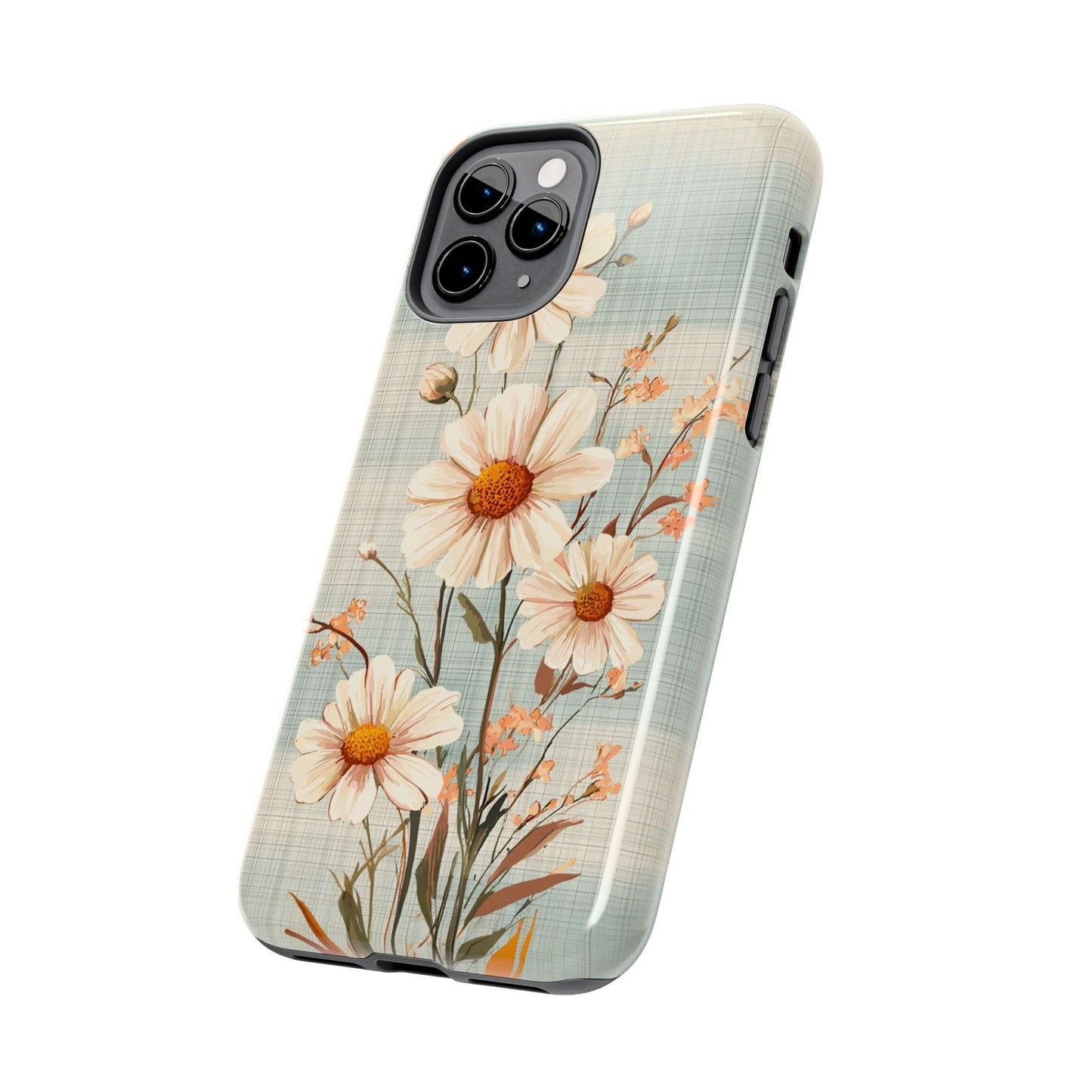 Vintage Plaid & Daisy Floral Tough iPhone Case – Dual-Layer Protection with Retro Flower Design