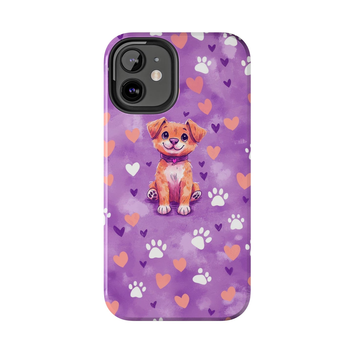 Cute Puppy iPhone Case - Adorable Pet Design with Hearts & Paw Prints, Protective Cover