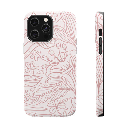 Blush Floral Line Art Tough MagSafe iPhone Case – Delicate Minimalist Design with Dual-Layer Protection