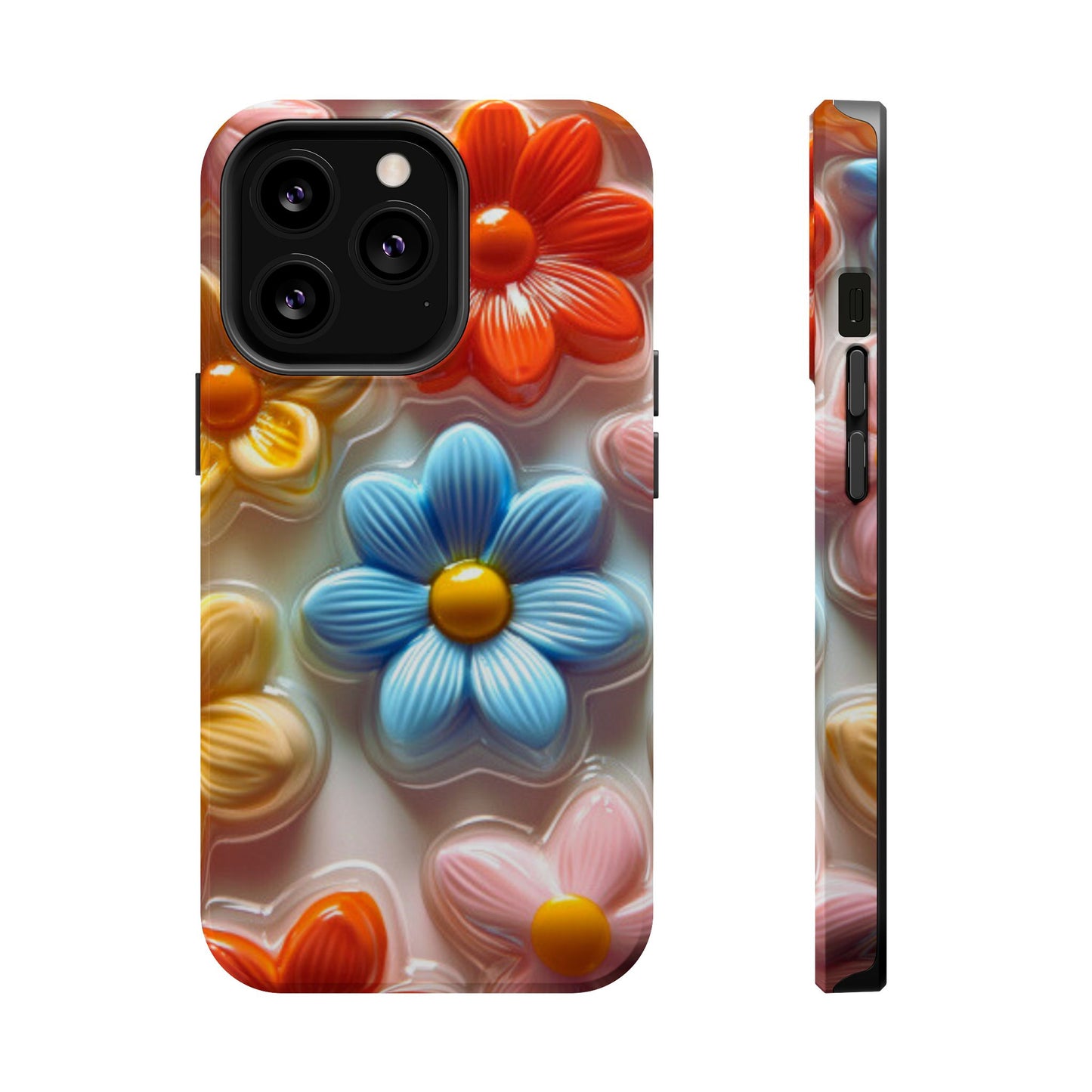 Glossy Retro Flower MagSafe iPhone Case – Colorful 3D Floral Design, Durable Protection