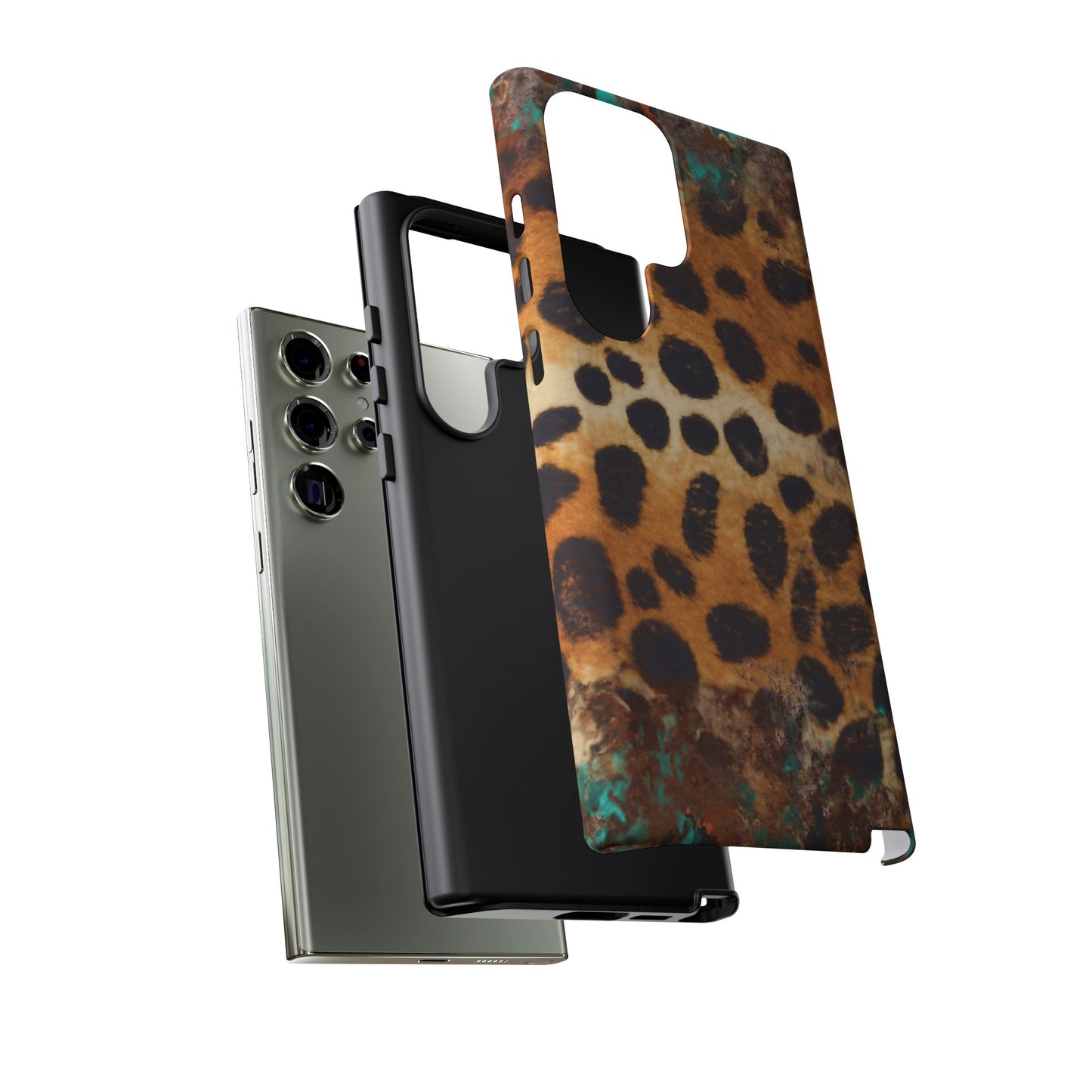 Rustic Leopard Print Tough Samsung Galaxy Case – Distressed Turquoise and Animal Pattern with Dual-Layer Protection