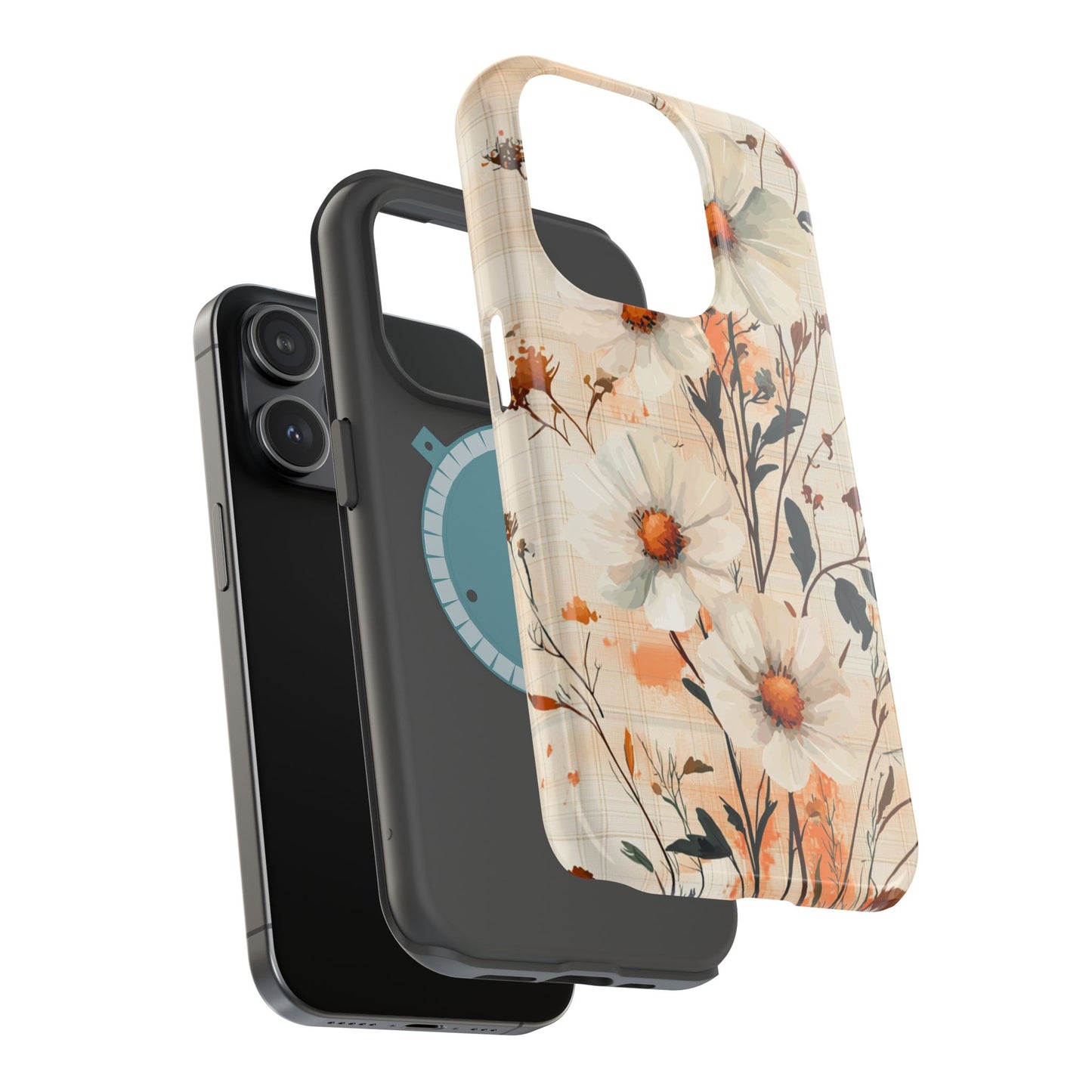 Pastel Orange Floral MagSafe iPhone Case - Elegant Plaid Protective Cover