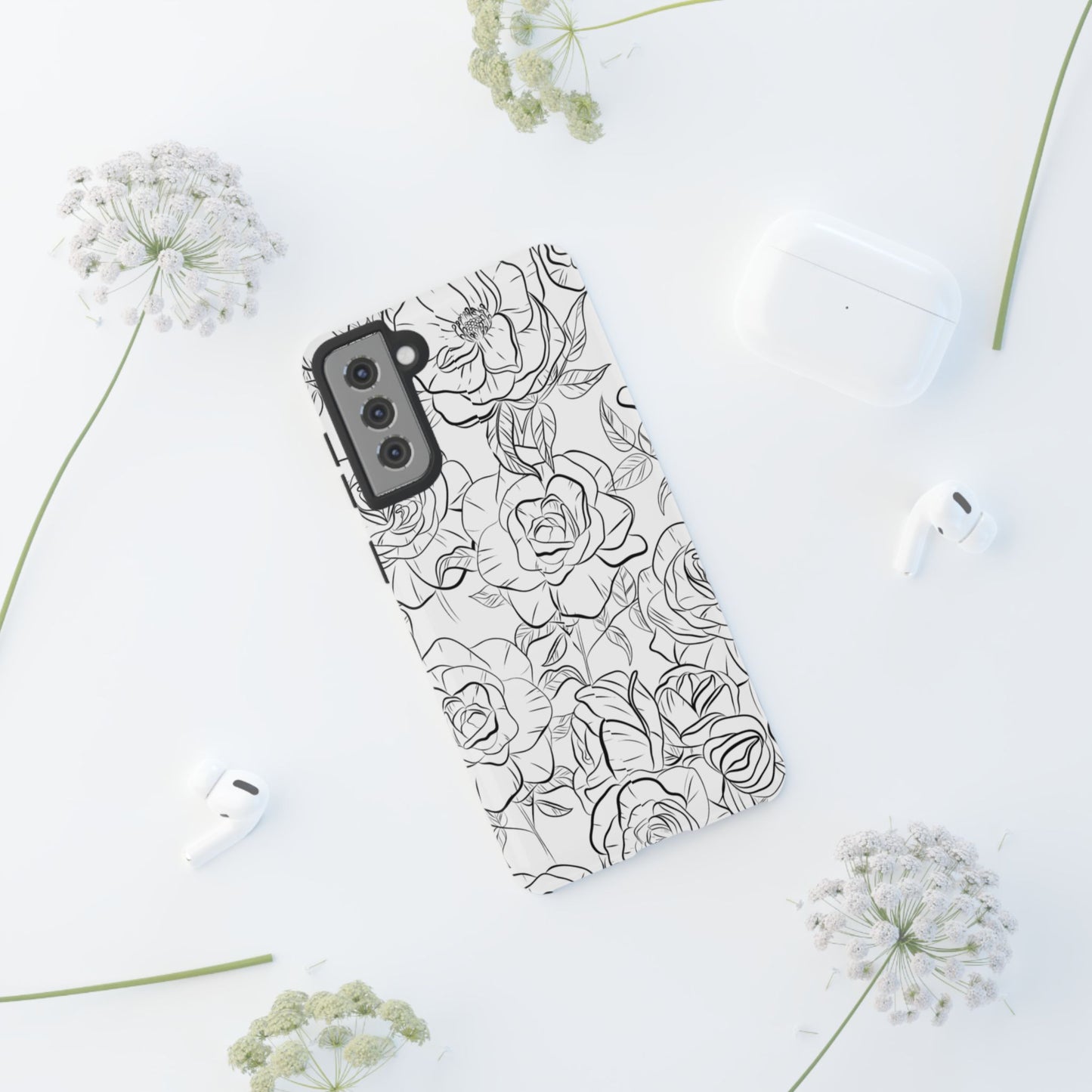 Monochrome Rose Garden Tough Samsung Galaxy Case – Elegant Floral Line Art with Dual-Layer Protection