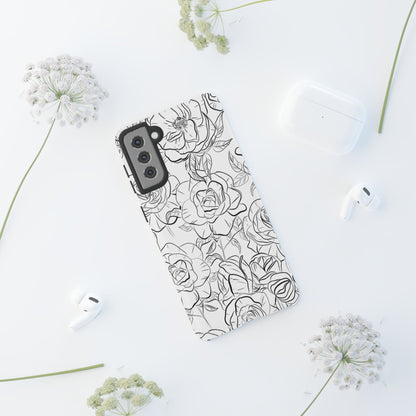 Monochrome Rose Garden Tough Samsung Galaxy Case – Elegant Floral Line Art with Dual-Layer Protection