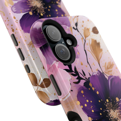 Elegant Purple & Gold Floral MagSafe iPhone Case - Luxe Flower Design