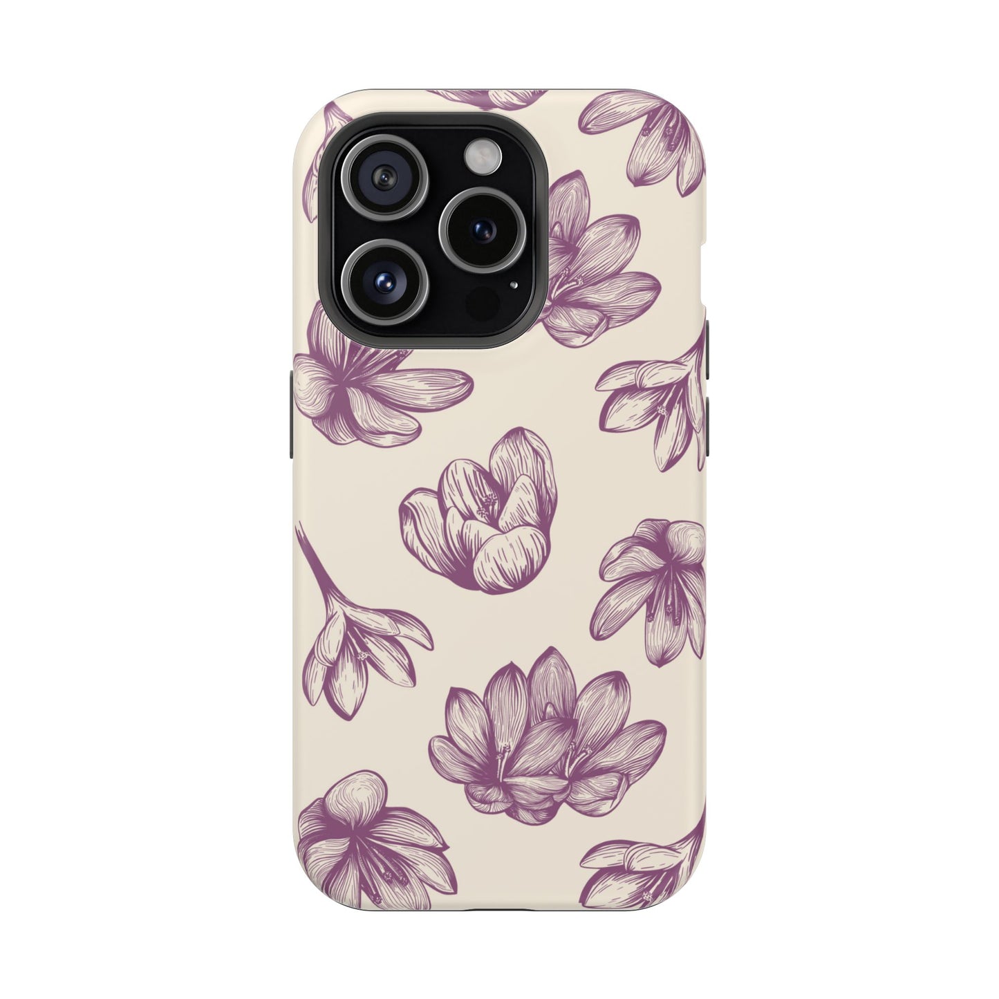 Vintage Botanical Floral Tough MagSafe iPhone Case – Hand-Drawn Purple Flowers, Shockproof Design