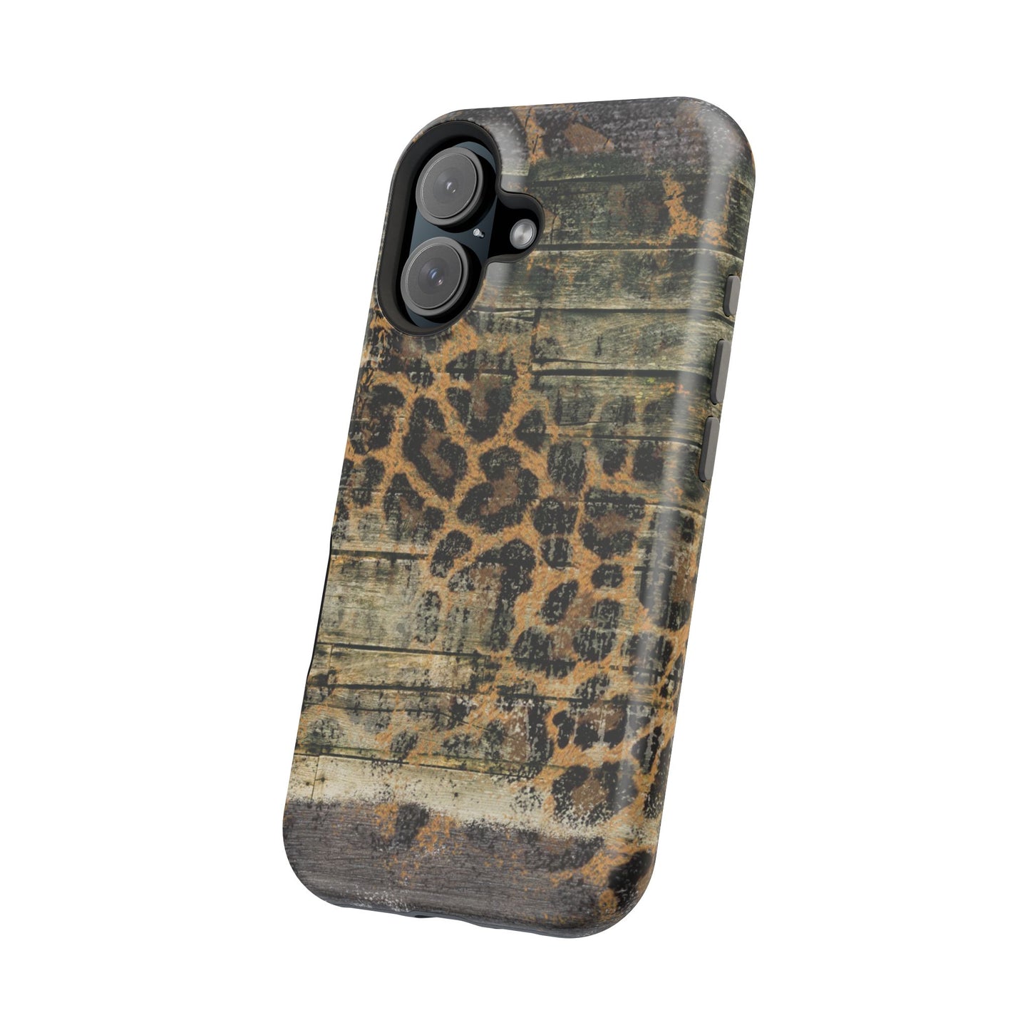 Rustic Wood and Leopard Print Tough MagSafe iPhone Case – Distressed Western Design with Dual-Layer Protection