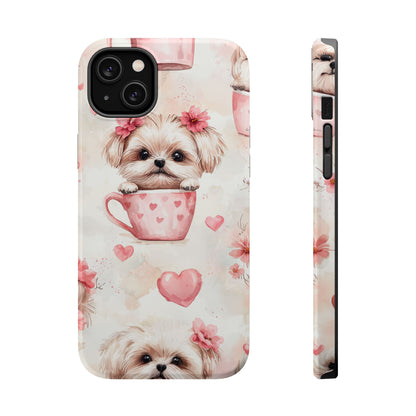 Floral Puppy in Teacup MagSafe iPhone Case – Cute Pink Flower Design, Tough Dual-Layer Protection