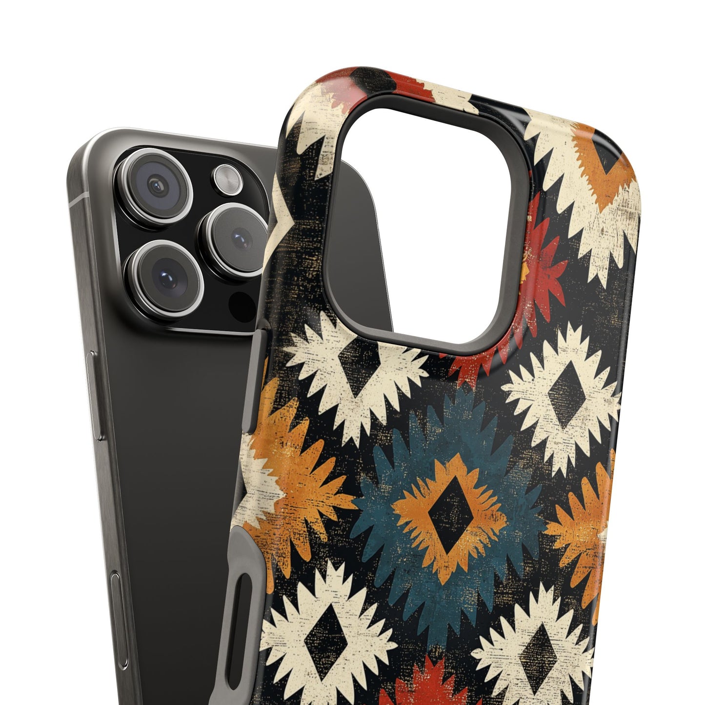 Rustic Tribal Sunburst Tough MagSafe iPhone Case – Vibrant Geometric Design, Dual-Layer Protection