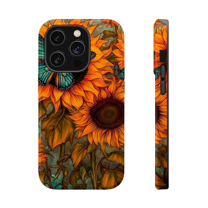 Vintage Blue Butterfly & Sunflower Art – MagSafe iPhone Case