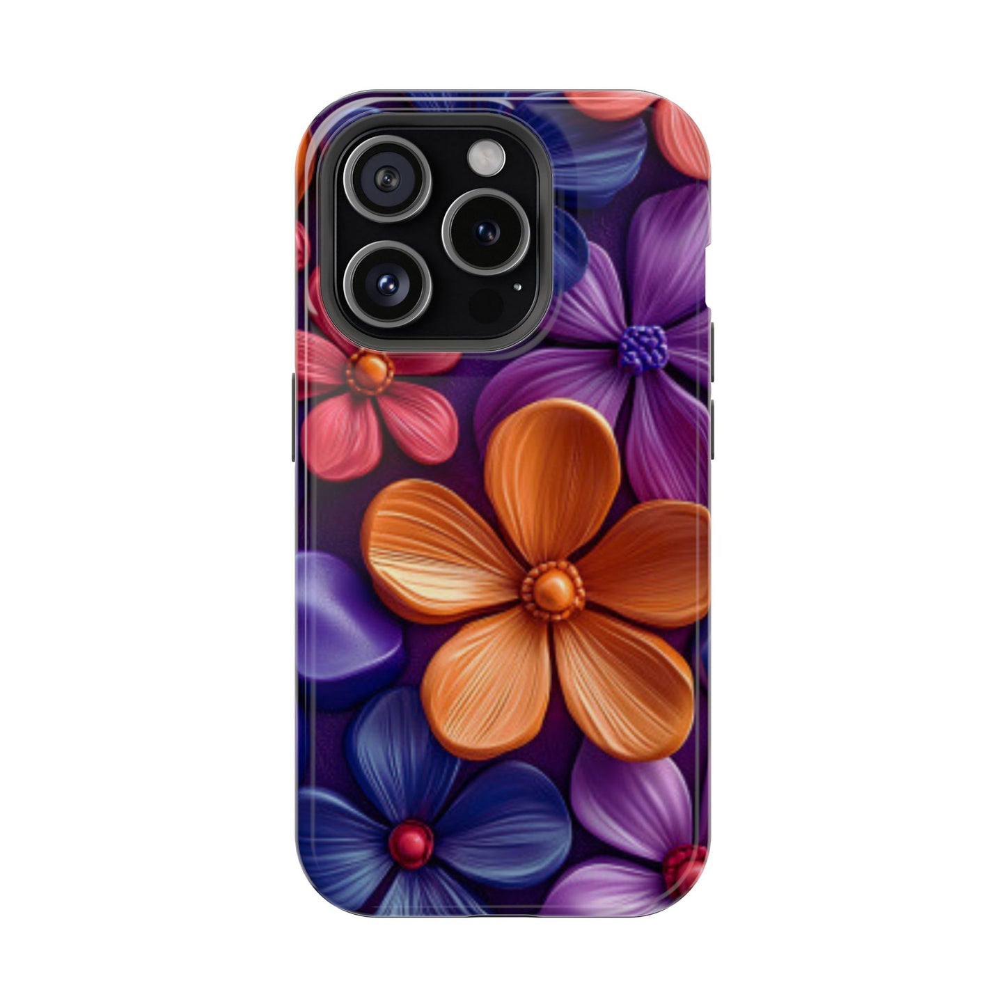 Bold Floral 3D MagSafe iPhone Case – Vivid Purple and Orange Flower Design, Shock-Resistant