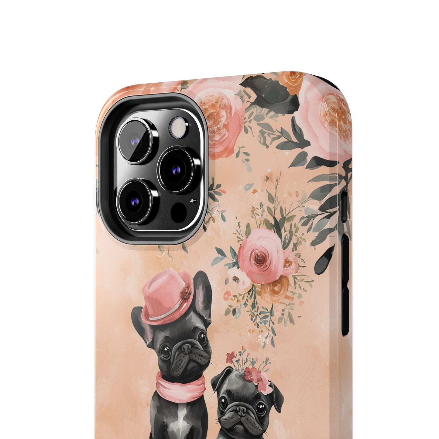 Floral French Bulldogs iPhone Case – Elegant Dog Design with Tea Cups & Roses, Shockproof Protection - BOGO Cases