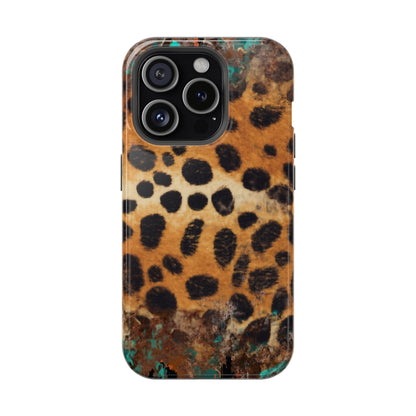 Rustic Leopard Print Tough MagSafe iPhone Case – Distressed Turquoise and Animal Pattern with Dual-Layer Protection