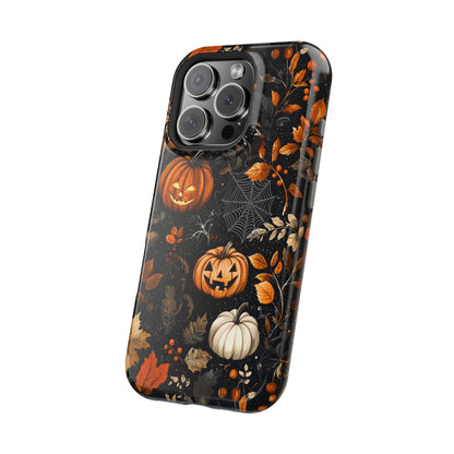 Elegant Halloween MagSafe iPhone Case – Pumpkin Jack-o'-Lanterns, Cobwebs & Autumn Foliage Design