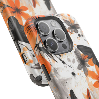 Orange Blossom & Black Butterfly MagSafe iPhone Case – Bold Floral Pattern with Modern Abstract Style