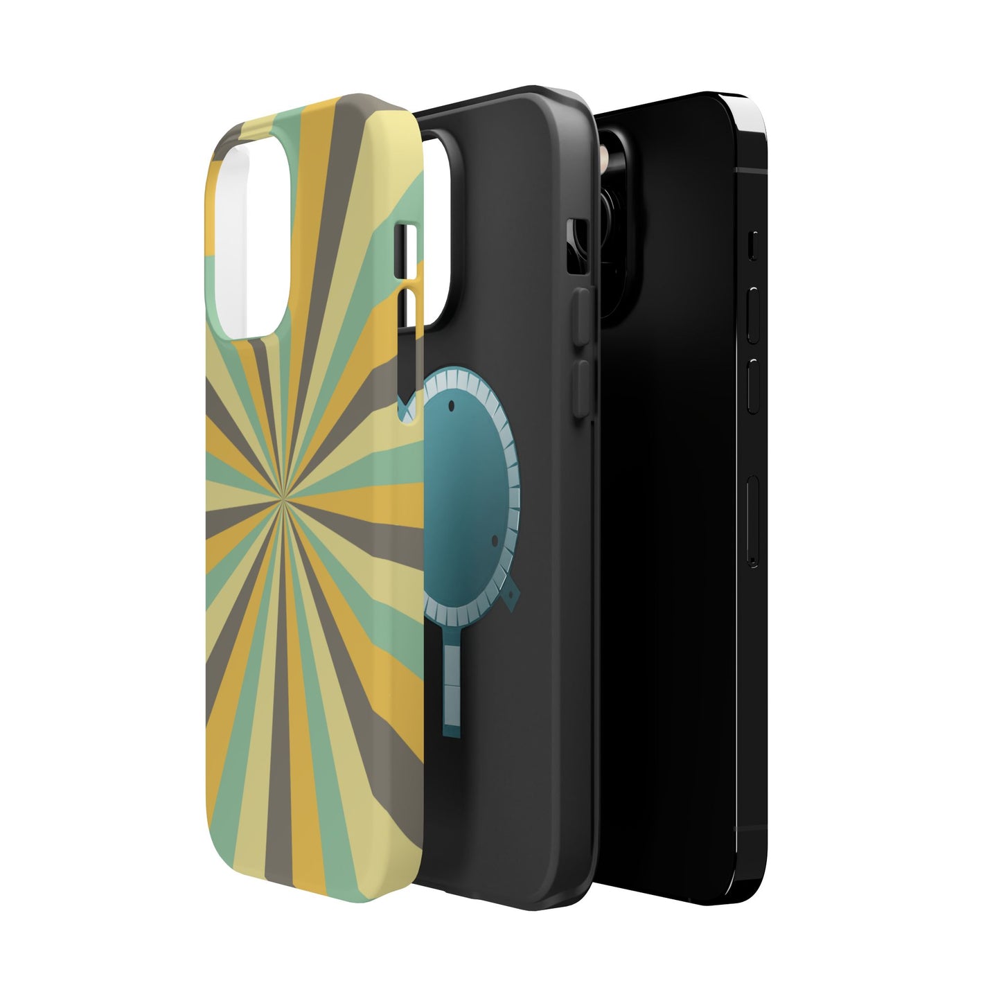 Vintage Sunburst Rays MagSafe iPhone Case – Bold 70s-Inspired Burst in Yellow, Mint, and Gray