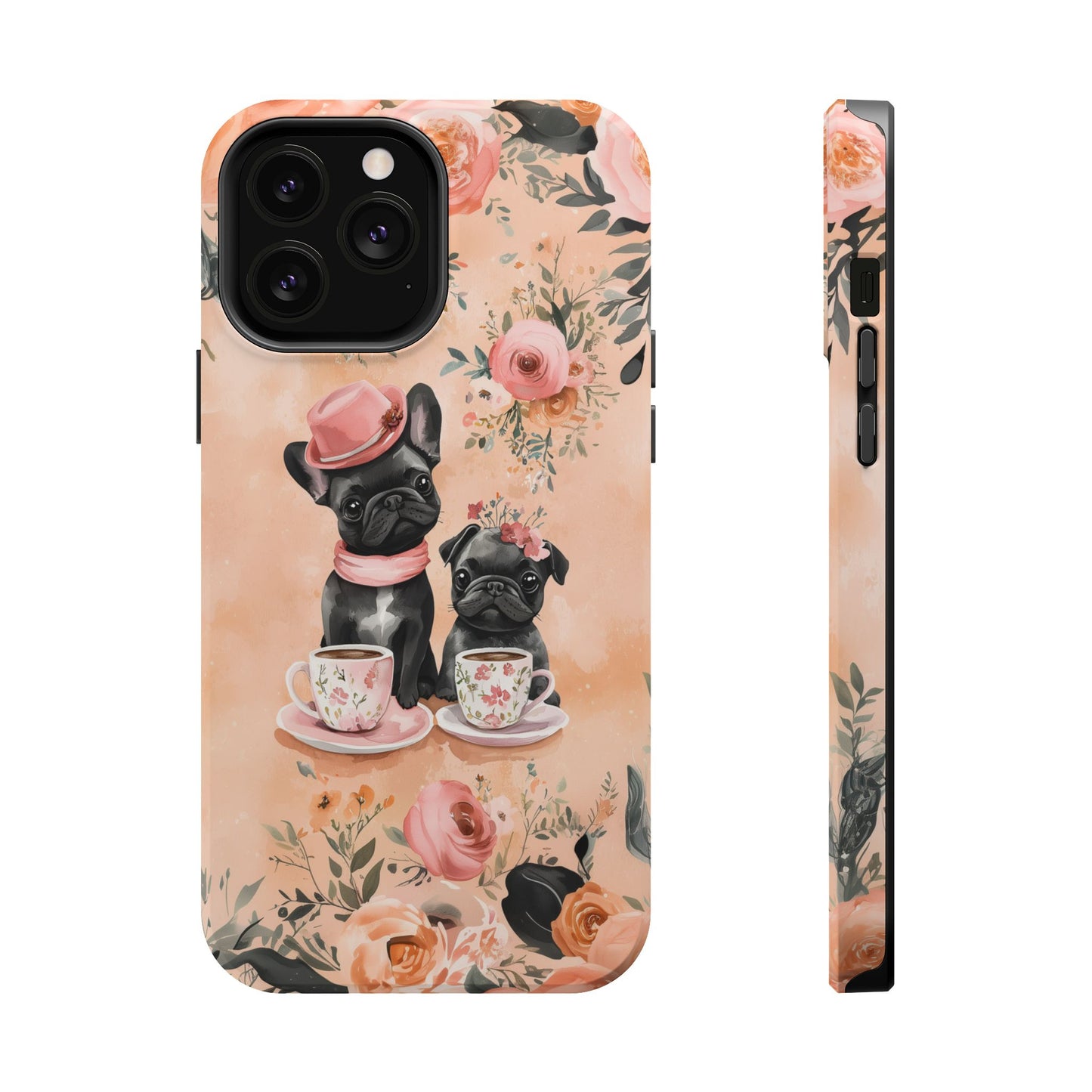 Floral French Bulldogs MagSafe iPhone Case – Elegant Dog Design with Tea Cups & Roses, Shockproof Protection