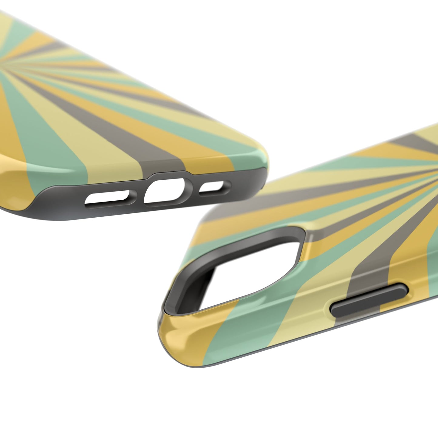 Vintage Sunburst Rays MagSafe iPhone Case – Bold 70s-Inspired Burst in Yellow, Mint, and Gray