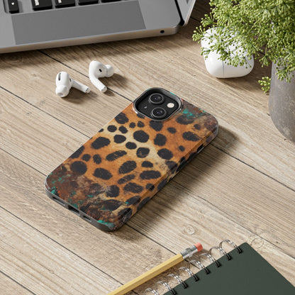 Rustic Leopard Print Tough iPhone Case – Distressed Turquoise and Animal Pattern with Dual-Layer Protection