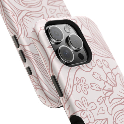 Blush Floral Line Art Tough MagSafe iPhone Case – Delicate Minimalist Design with Dual-Layer Protection