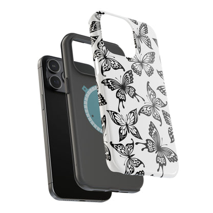 Monochrome Butterfly Pattern Tough MagSafe Case – Dual-Layer Protection with Matte Finish