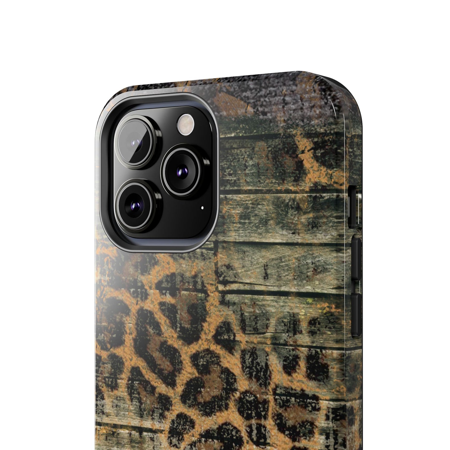 Rustic Wood and Leopard Print Tough iPhone Case – Distressed Western Design with Dual-Layer Protection