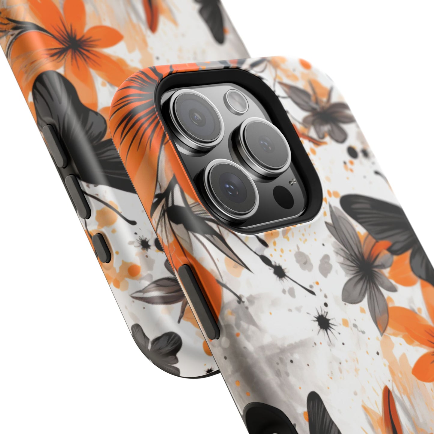 Orange Blossom & Black Butterfly MagSafe iPhone Case – Bold Floral Pattern with Modern Abstract Style