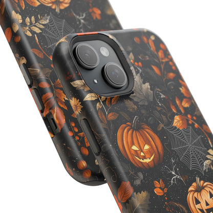 Elegant Halloween MagSafe iPhone Case – Pumpkin Jack-o'-Lanterns, Cobwebs & Autumn Foliage Design