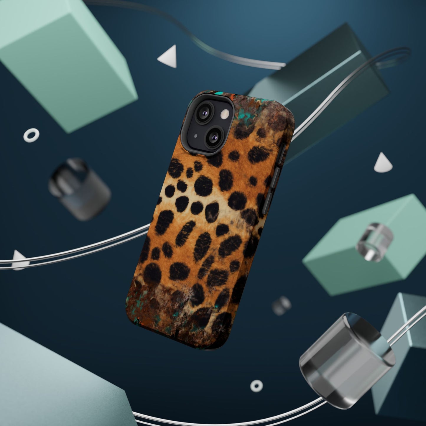 Rustic Leopard Print Tough MagSafe iPhone Case – Distressed Turquoise and Animal Pattern with Dual-Layer Protection