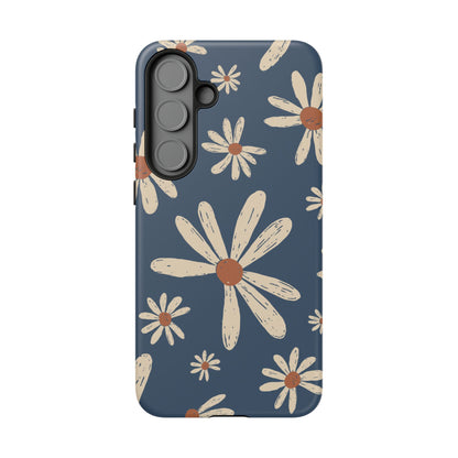 Vintage Daisies Samsung Galaxy Case – Navy Blue Floral Design, Scratch-Resistant with Shock-Absorbing Bumper