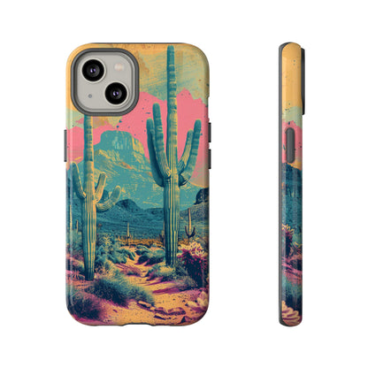 Desert Oasis Retro Cactus Phone Case - Vibrant Sunset Landscape for iPhone 15/14/13/12, Samsung S24/S23/S22/S21, & Google Pixel