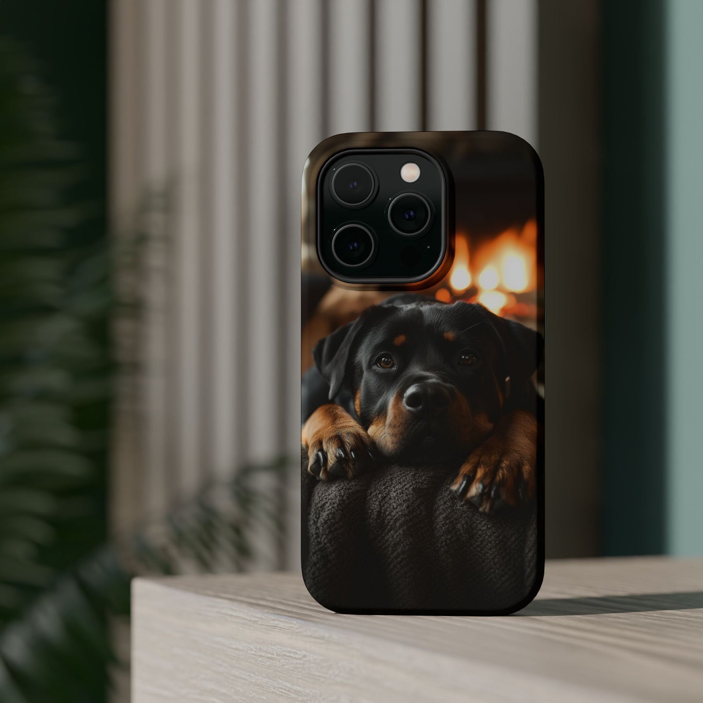 Cozy Rottweiler by the Fireplace MagSafe iPhone Case – Warm Rustic Design