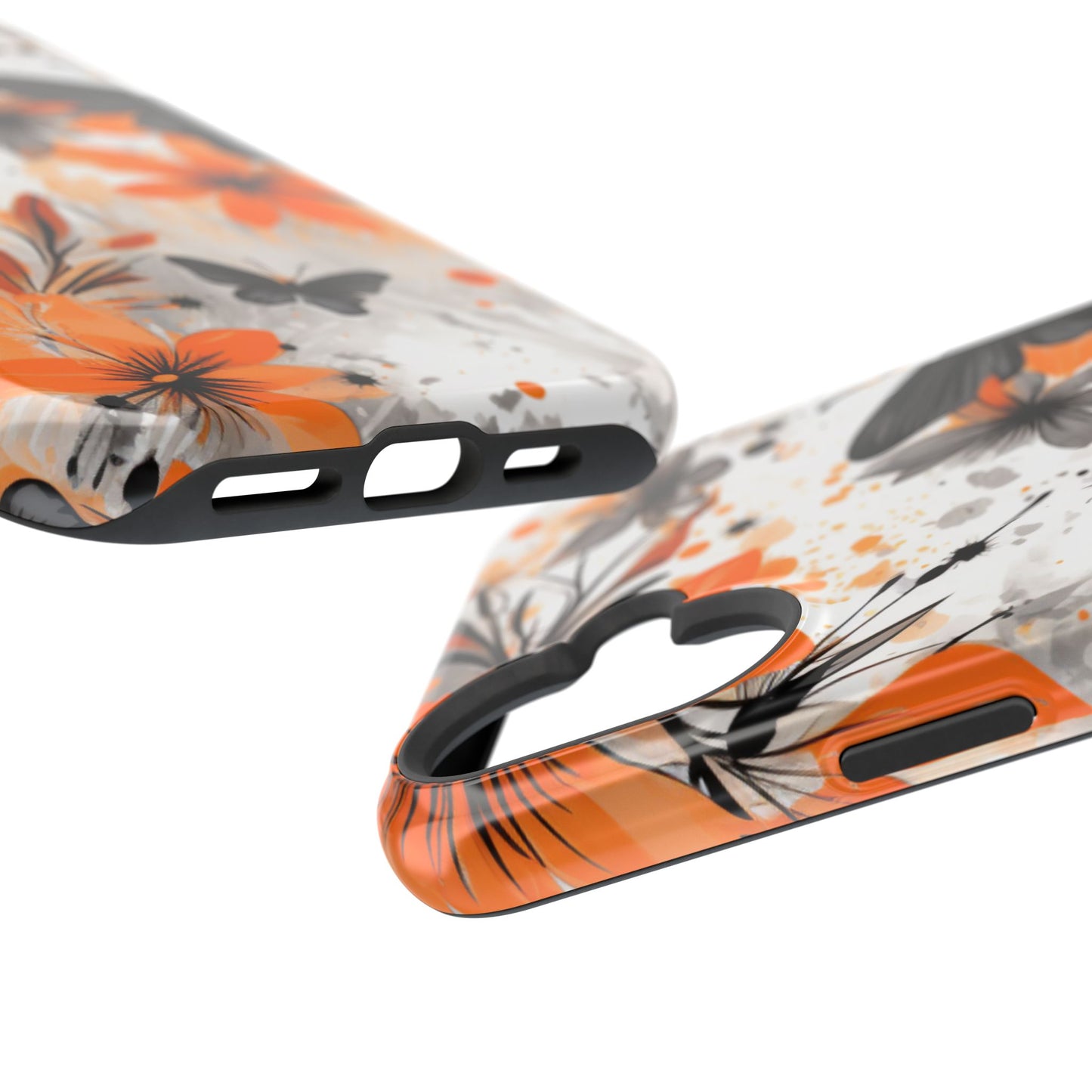 Orange Blossom & Black Butterfly MagSafe iPhone Case – Bold Floral Pattern with Modern Abstract Style