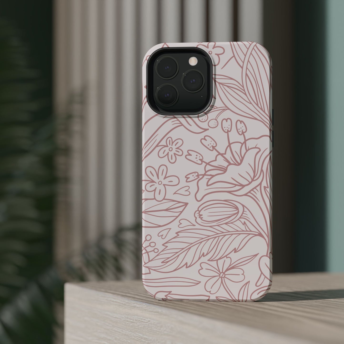 Blush Floral Line Art Tough MagSafe iPhone Case – Delicate Minimalist Design with Dual-Layer Protection