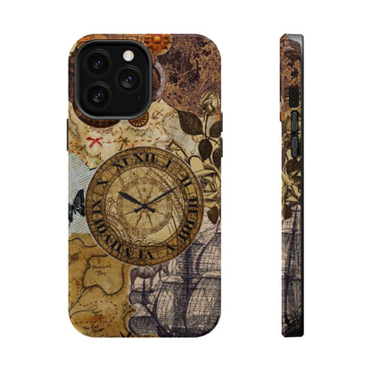 Steampunk Vintage Adventure MagSafe iPhone Case – Dual-Layer Protection with Antique Map and Clock Design