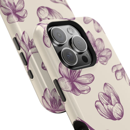 Vintage Botanical Floral Tough MagSafe iPhone Case – Hand-Drawn Purple Flowers, Shockproof Design