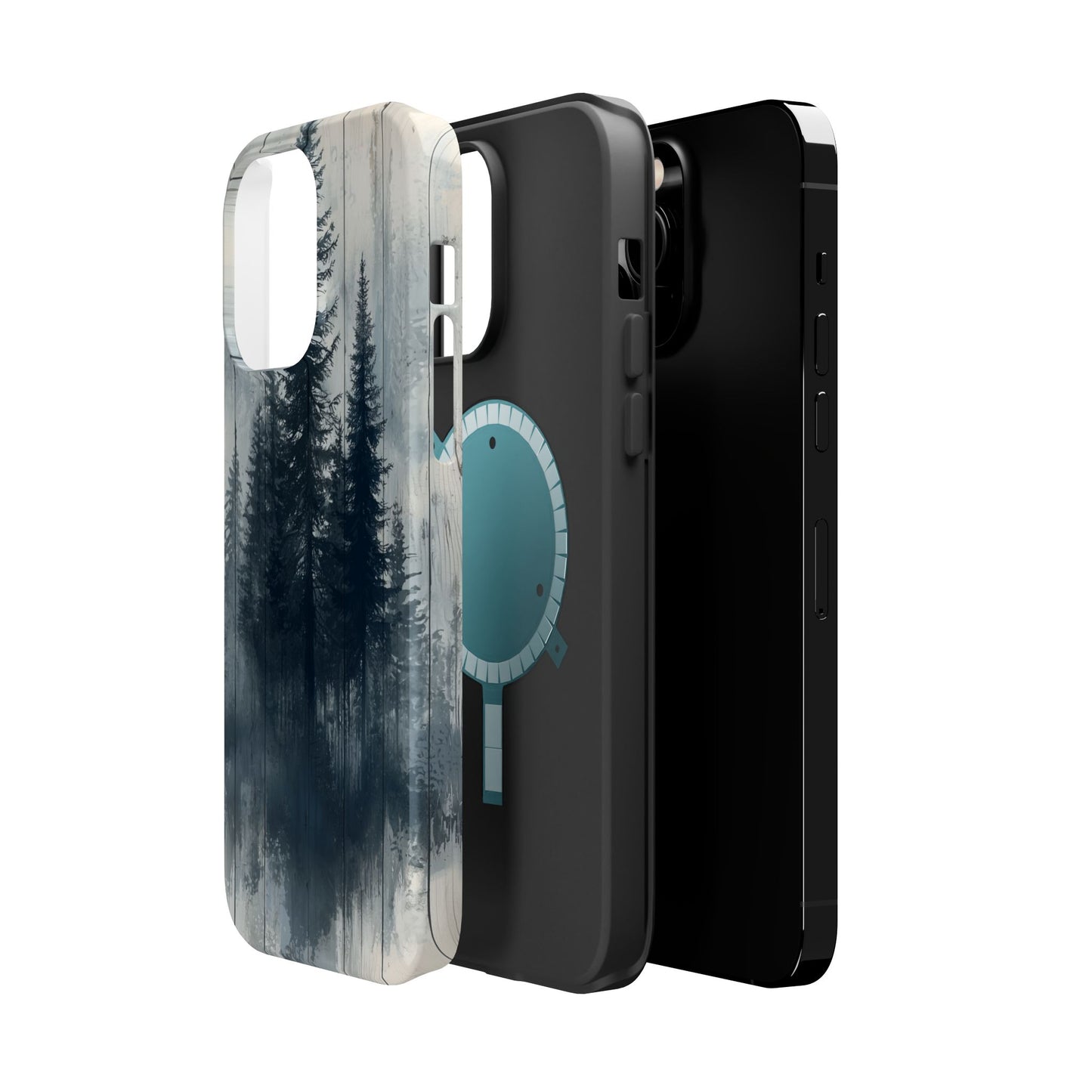 Rustic Pine Forest MagSafe iPhone Case - Blue Toned Woodland Design