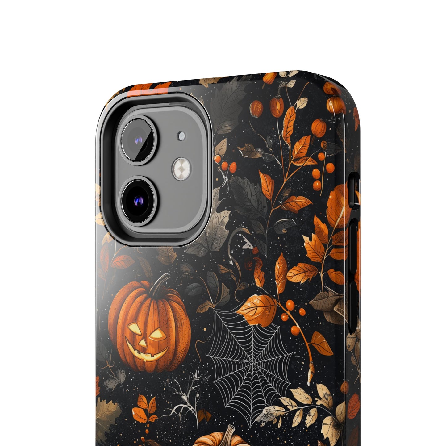 Elegant Halloween iPhone Case – Pumpkin Jack-o'-Lanterns, Cobwebs & Autumn Foliage Design