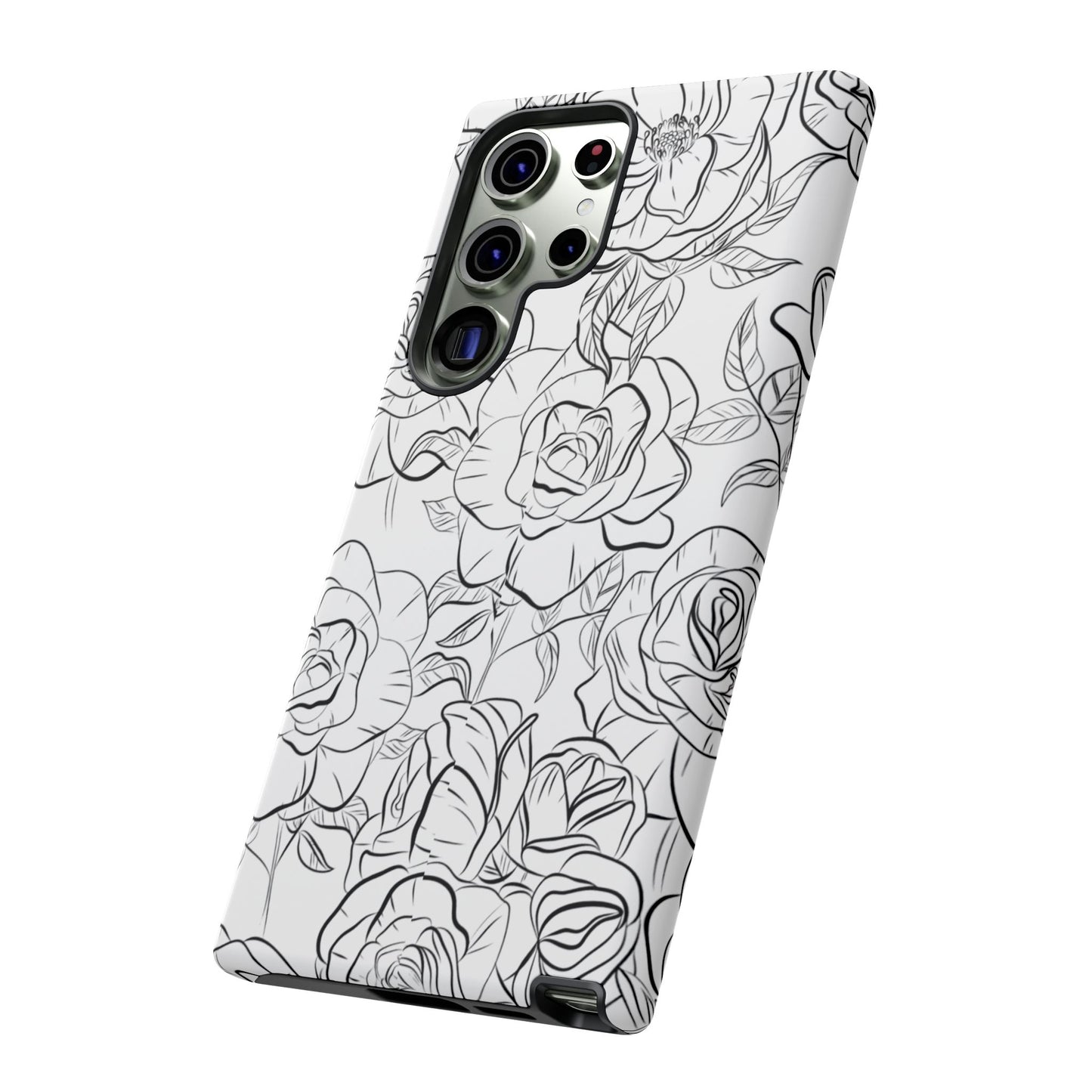 Monochrome Rose Garden Tough Samsung Galaxy Case – Elegant Floral Line Art with Dual-Layer Protection