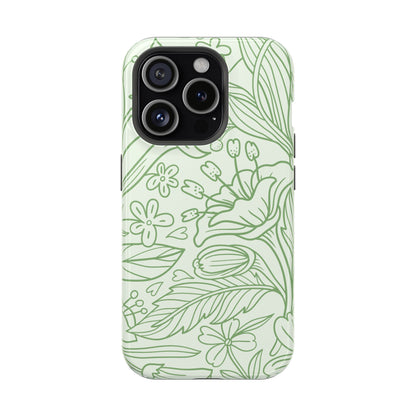 Sage Green Floral Line Art Tough MagSafe iPhone Case – Minimalist Botanical Design with Dual-Layer Protection