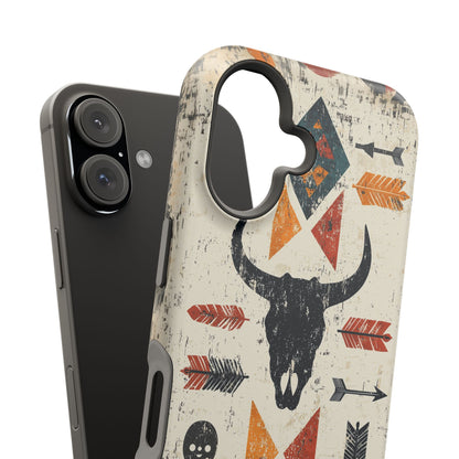 Tribal Bull Skull & Arrows Tough MagSafe iPhone Case – Rustic Western Design, Dual-Layer Protection