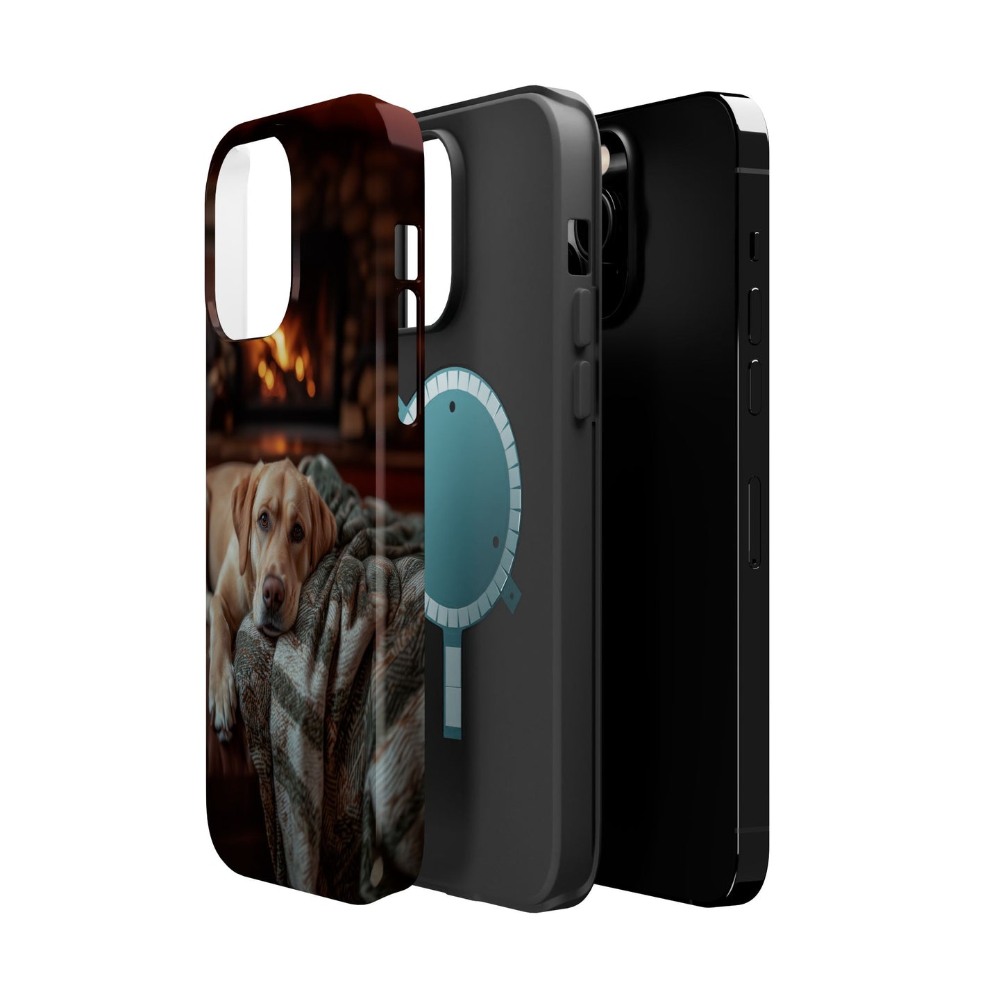 Cozy Labrador by Fireplace MagSafe iPhone Case – Rustic Cabin Protective Cover